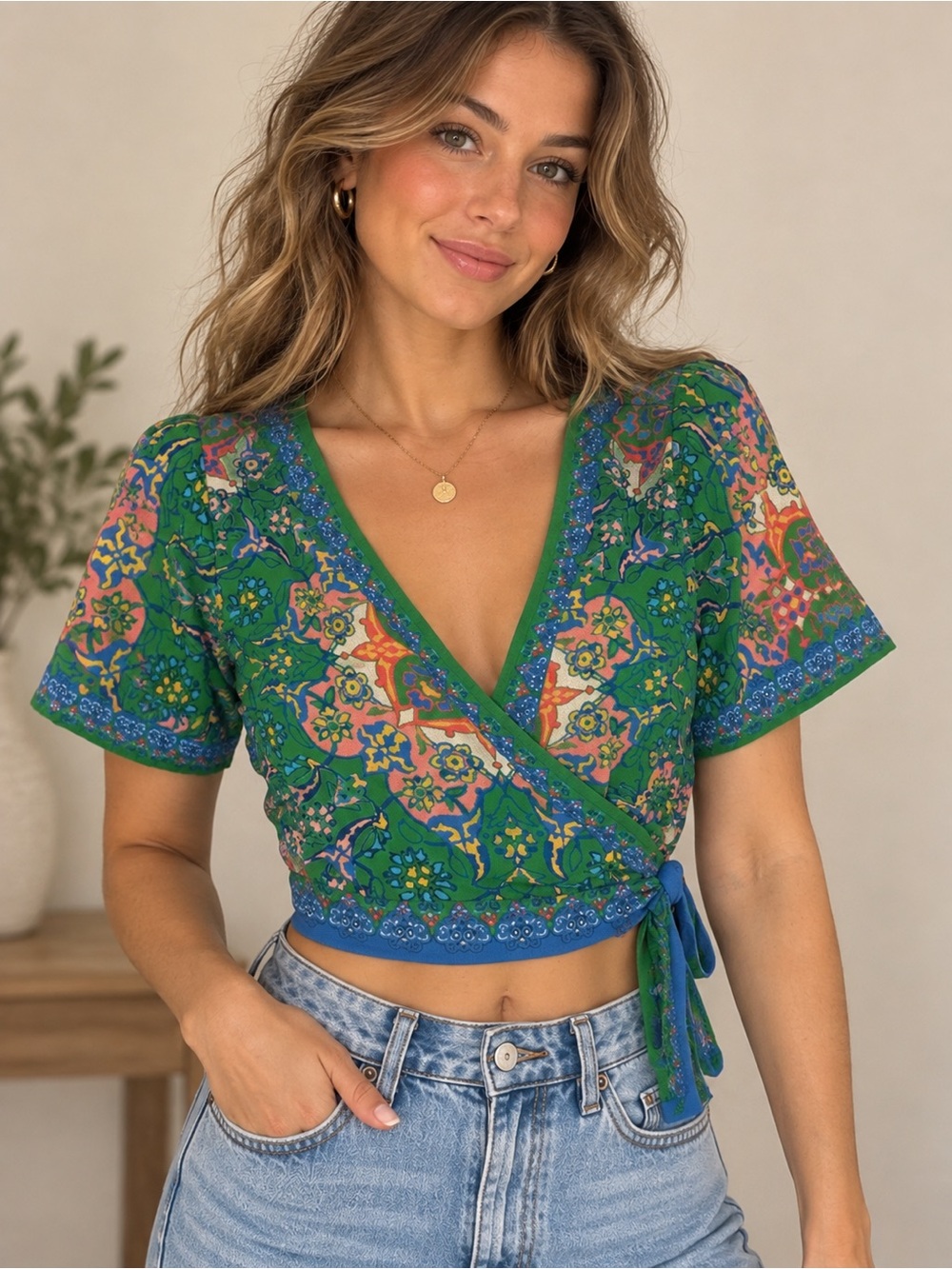 Flying Tomato Floral Wrap Crop Top L Green Boho Paisley Tie Waist